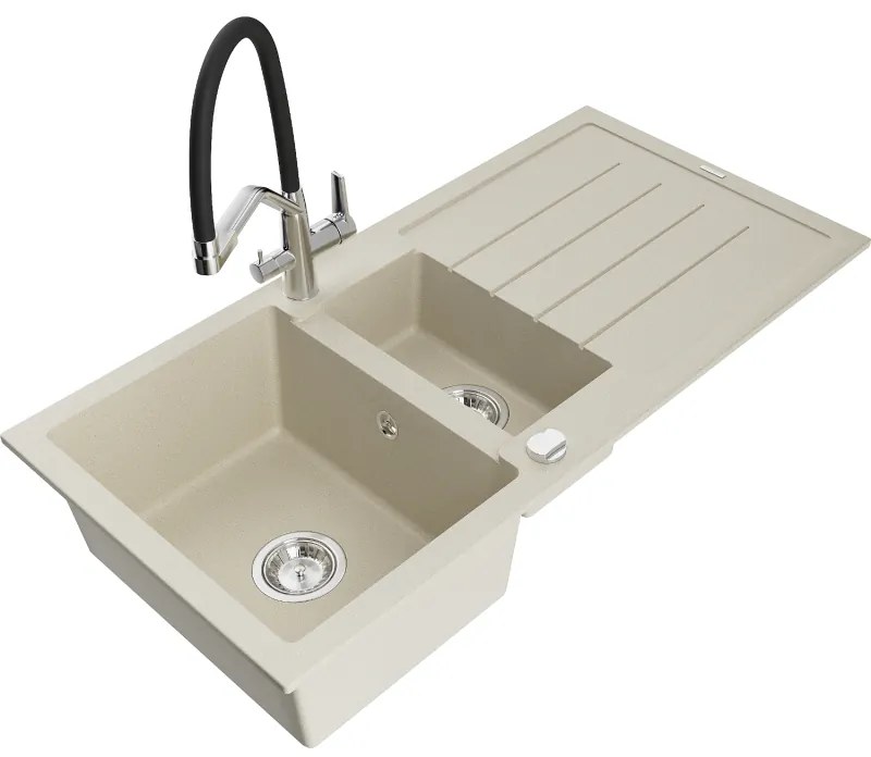 Mexen Andres gránit mosogatótálca 1,5 kamrás lefolyóval és Duo konyhai csapteleppel, bézs - 6515-69-671701-07