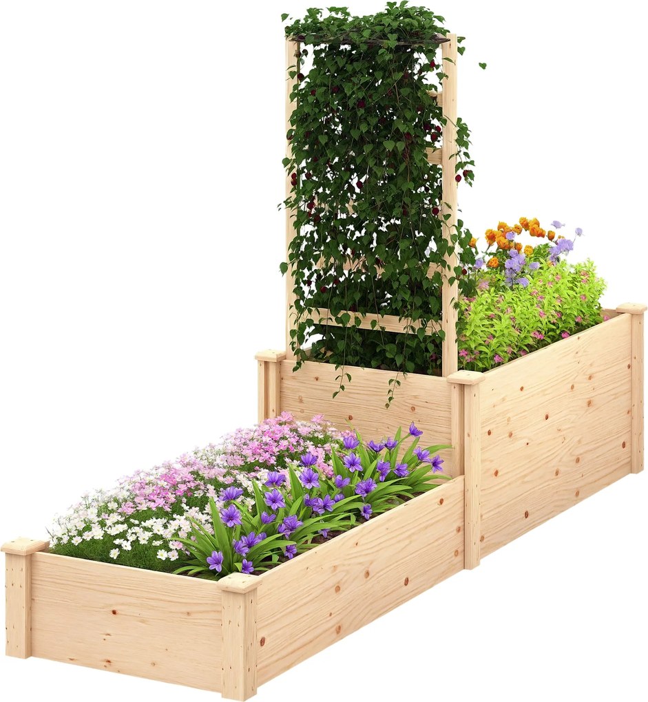 Outsunny Nagy Kültéri Fa Virágtartó Hálós Lécsel Futónövényekhez és 2 Virágtartóval Kert Pavilon Teraszhoz 222x63x132 cm Természetes Fa | Aosom