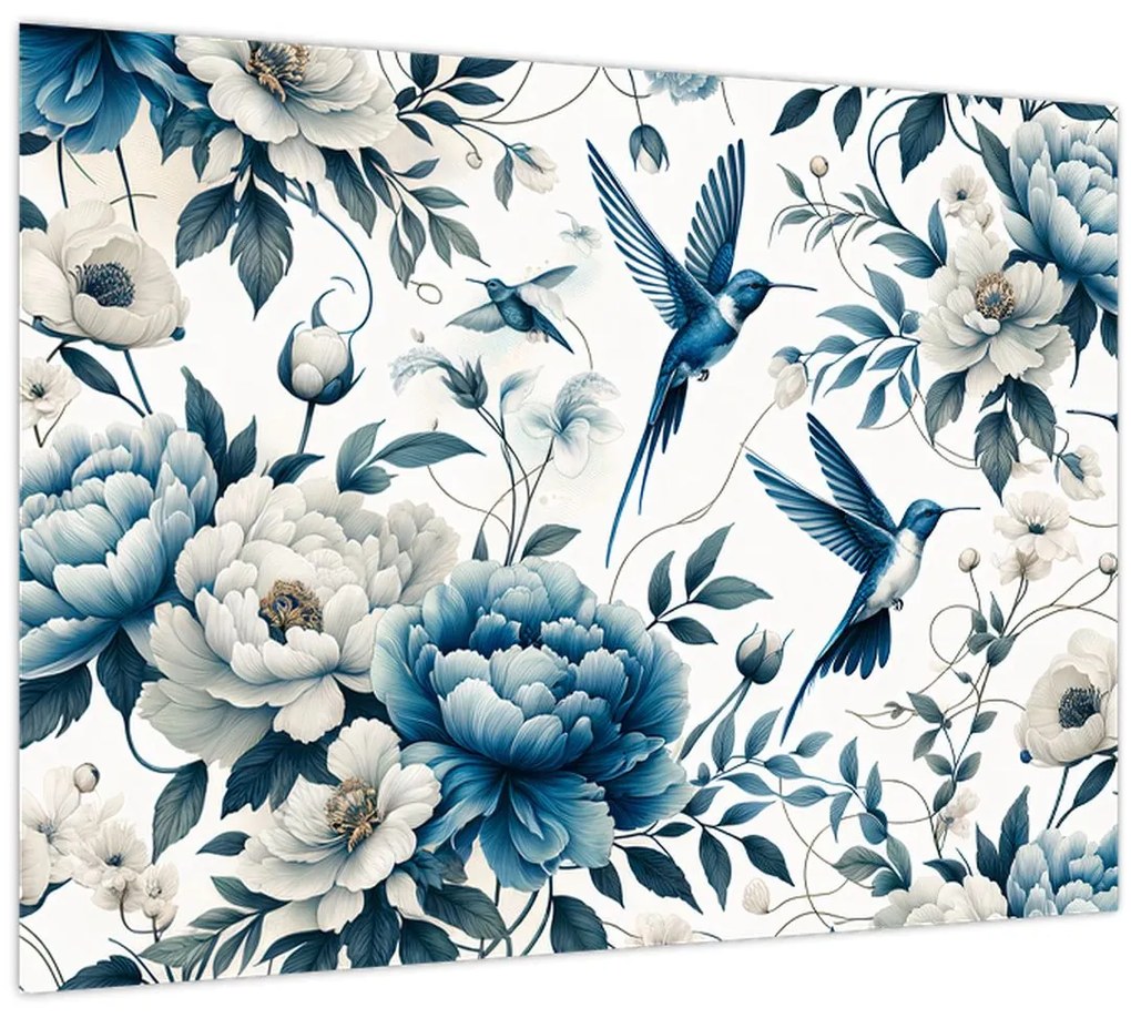 Üveg kép - Kolibrikok virágokkal (70x50 cm)