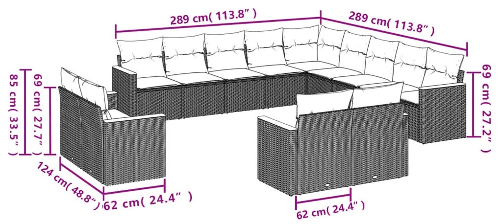 13 részes fekete polyrattan kerti ülőgarnitúra párnákkal