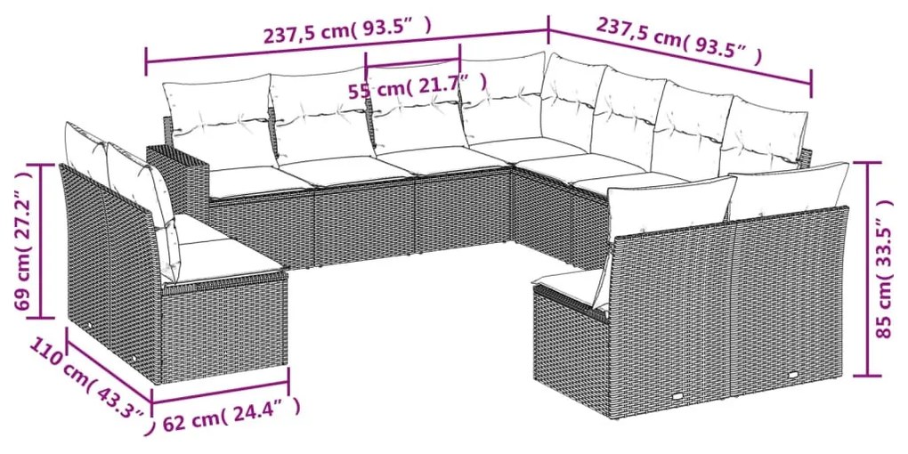 11 részes barna polyrattan kerti ülőgarnitúra párnákkal