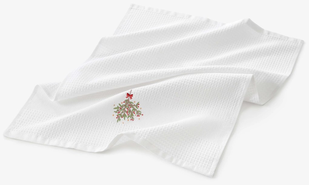Goldea karácsonyi hímzett waffle konyharuha - fagyöngy fehér alapon 50 x 70 cm