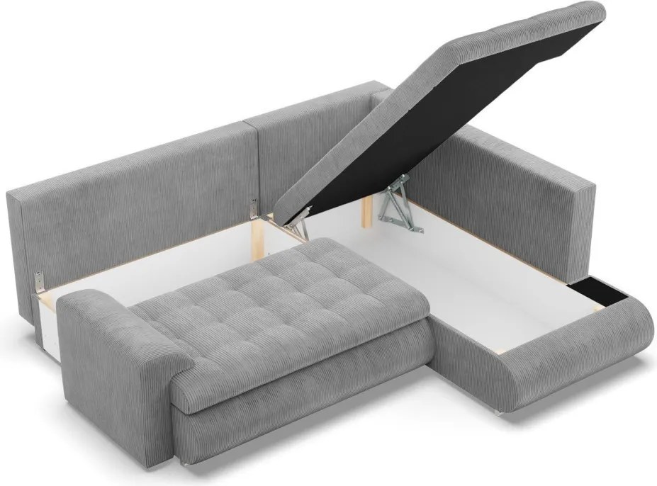 Tokio sarokkanapé, L alakú háttámlával, 2 ágyneműtartóval, kordbársony, jobboldali, szürke