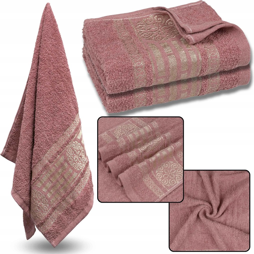 Rózsaszín pamut törölköző arany hímzéssel, fürdőlepedő 70x135 cm x2
