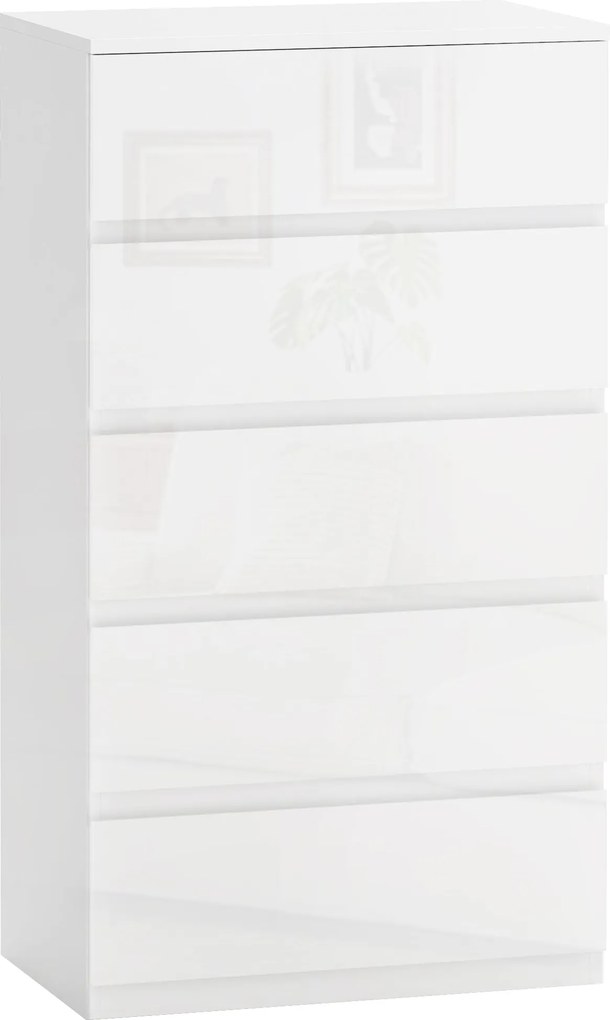 HOMCOM 5-Fiókos Szekrény Modern Hálószoba Fiókos Szekrény Antitip Designnal Nappaliba, Előszobába 55x33x100 cm Fényes Fehér | Aosom