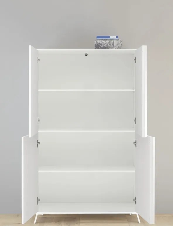 CITY négyajtós komód fehér, magasfényű lakkozott vázzal és előlapokkal