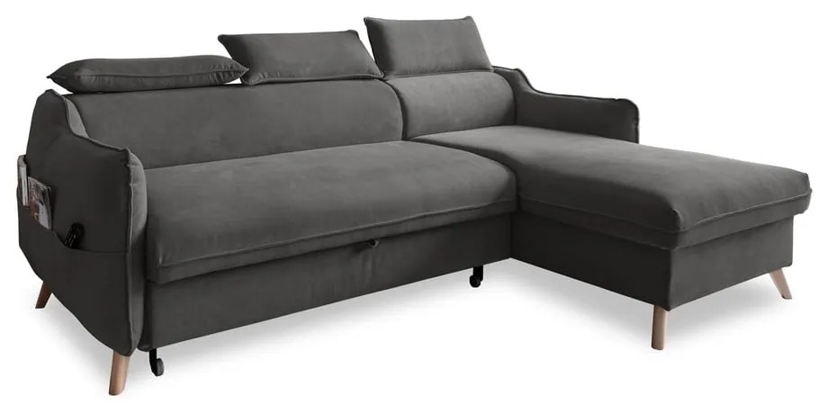Sötétszürke bársony kinyitható sarokkanapé (jobb oldali) Sweet Harmony – Miuform