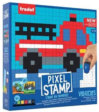 Kreatív foglalkoztató füzet, bélyegzős, TRODAT Creativ Pixelstamp, járművek (ITCRPXSVE)
