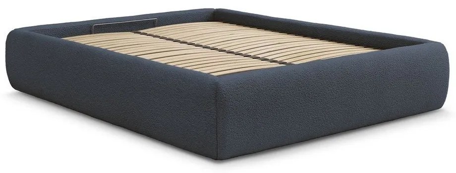 Sötétkék kárpitozott ágyneműtartós-ágytámla nélkül franciaágy ágyráccsal 160x200 cm Inera – Bobochic Paris