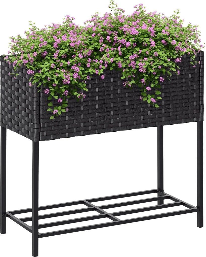 Outsunny Emelt Virágláda, Wicker Hatású Cserepes Virágágyás Polccal, Emelt Virágágy Beltéri és Kültéri Használatra, Szürke (70cm x 30cm x 72cm) | Aoso
