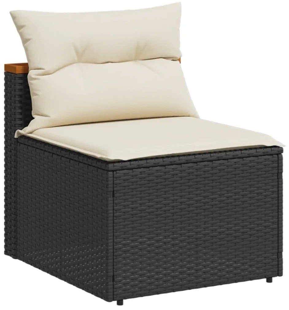 5 részes fekete polyrattan akácfa kerti kanapészett párnákkal