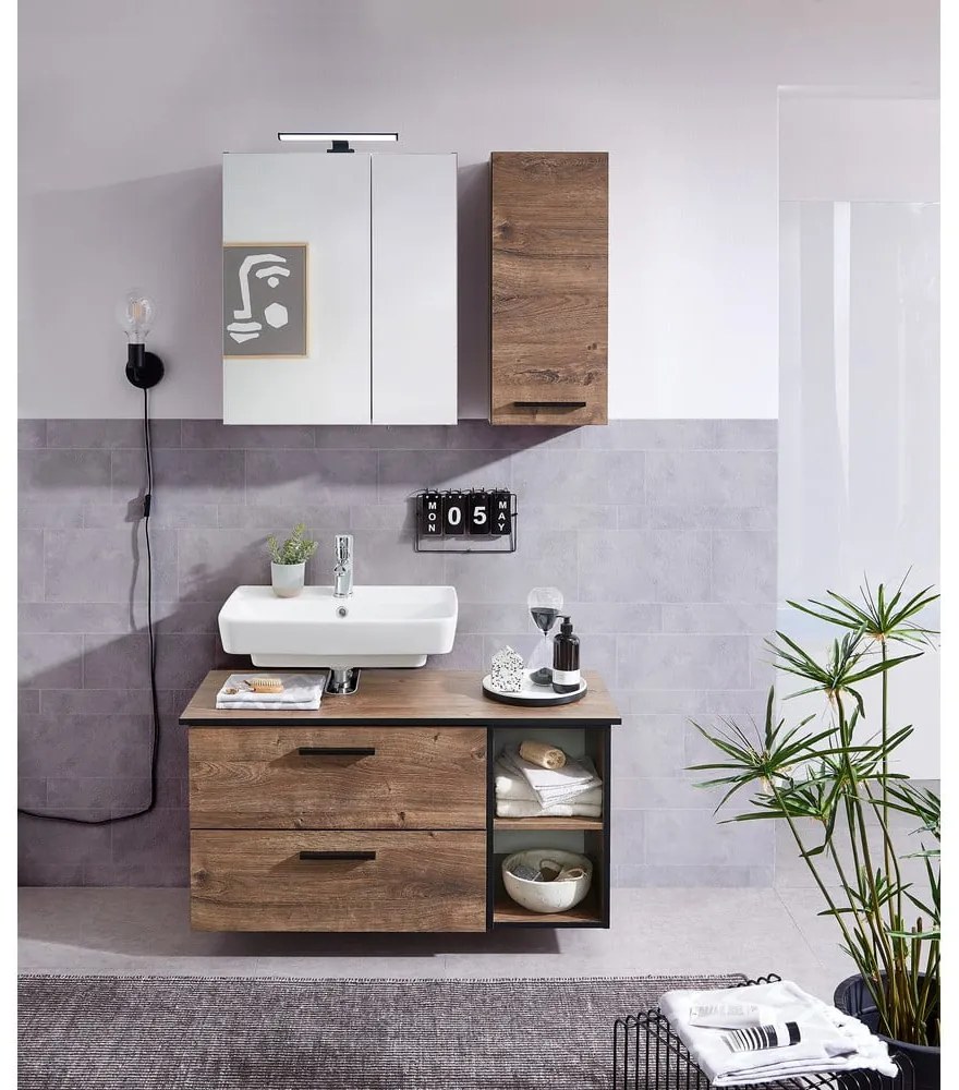 Barna függő szekrény tölgyfa dekorral mosdókagyló nélkül 71x51 cm Set 374 - Pelipal