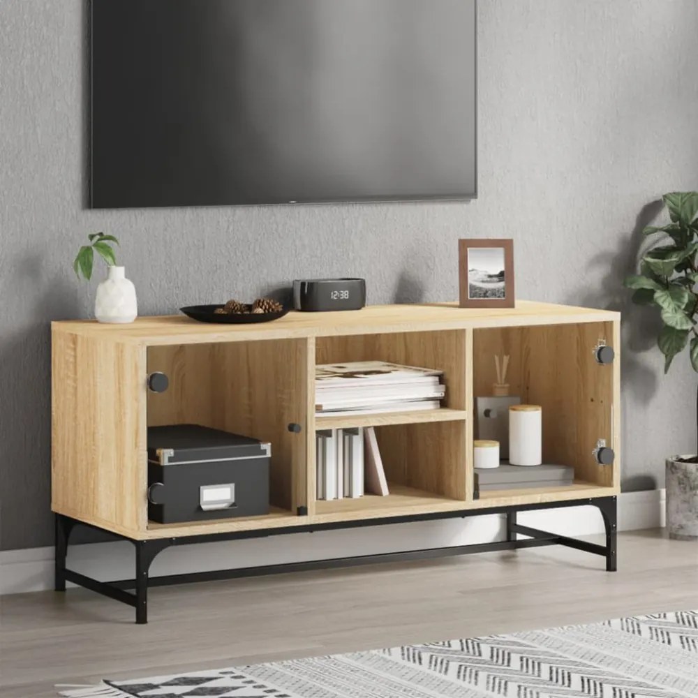 sonoma-tölgyszínű TV-szekrény üvegajtókkal 102 x 37 x 50 cm