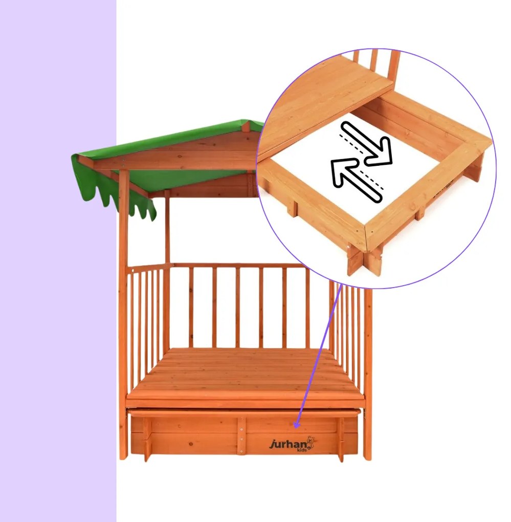 HAPPY verandás homokozó, 130x130x143cm, barna/zöld Jurhan