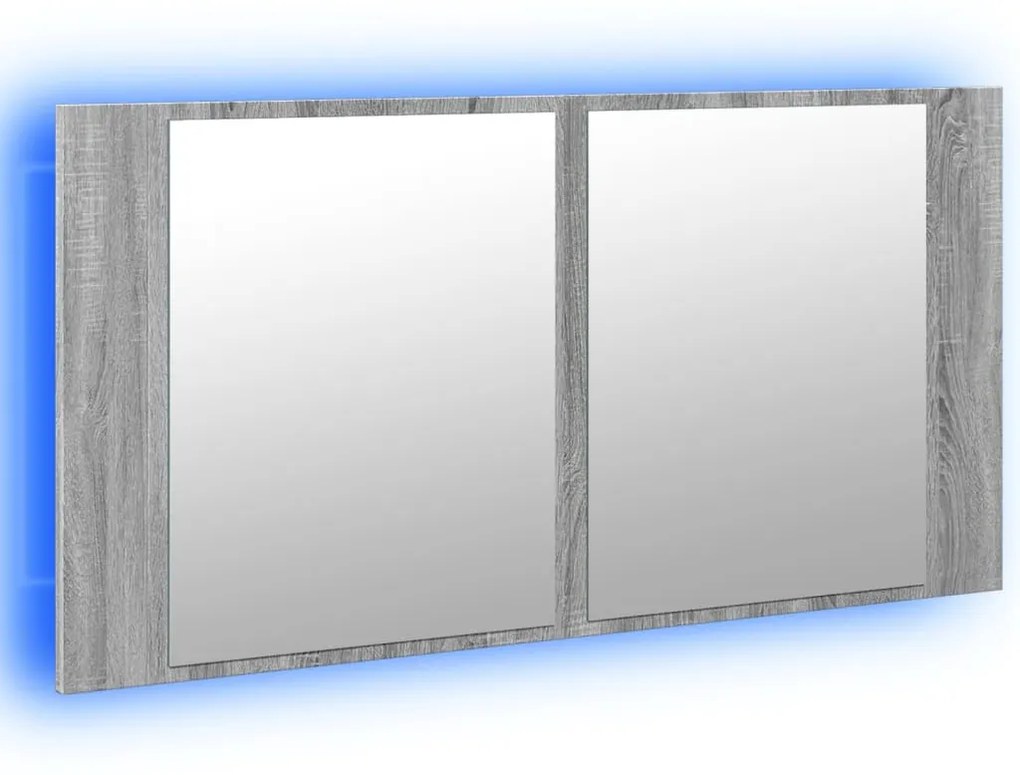 szürke sonoma akril LED-es tükrös fürdőszobaszekrény 90x12x45cm