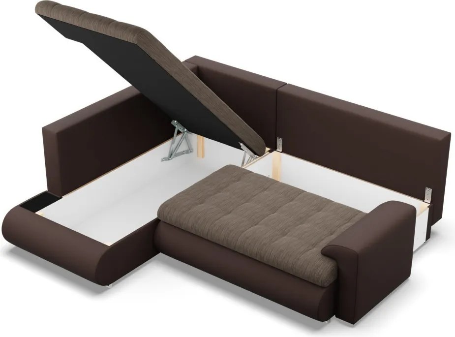 Tokio sarokkanapé, L alakú háttámlával, 2 ágyneműtartóval, fonott + műbőr, baloldali, barna