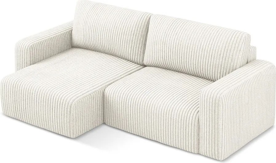 Krémszínű kordbársony kinyitható-tárolóhelyes sarokkanapé (bal oldali-heverő résszel) Kona – Makamii