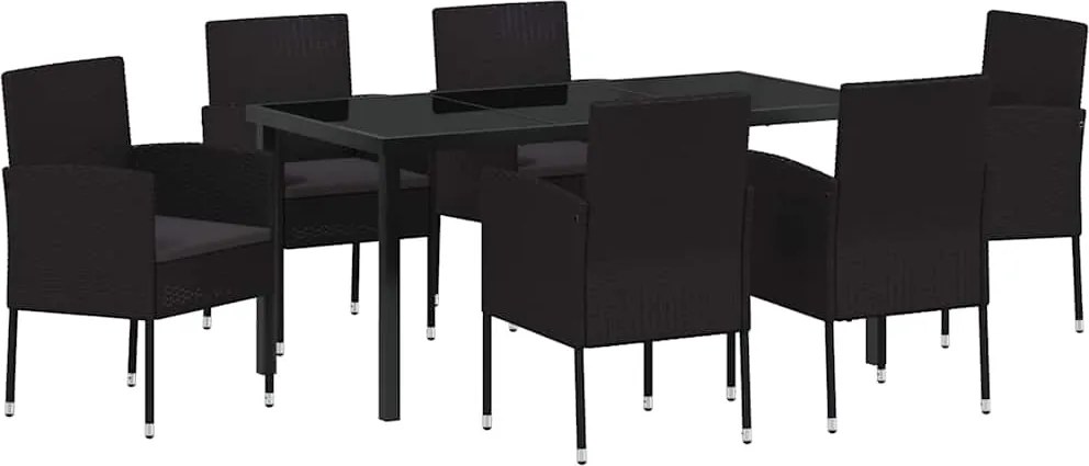 vidaXL Kert étkező szett párnával 7 pcs Fekete polirattan