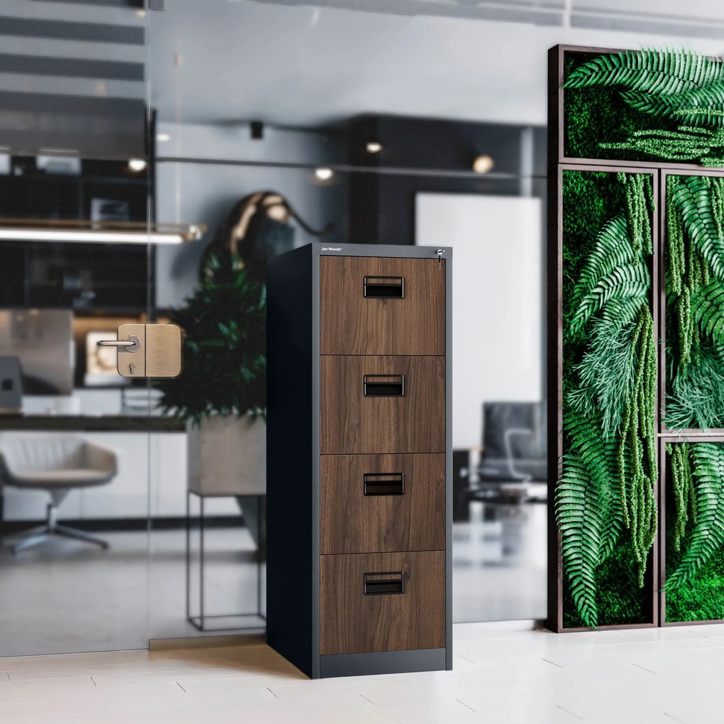 Fém irattartó szekrény, 4 fiókos SARA V4, 460 x 1320 x 620 mm, Eco Design: antracit/ dió