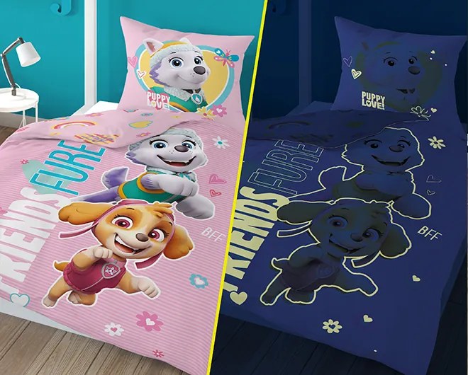 Világító ágynemű PAW PATROL Friends furever rózsaszín Ágyneműhuzat mérete: 70 x 80 cm | 140 x 200 cm