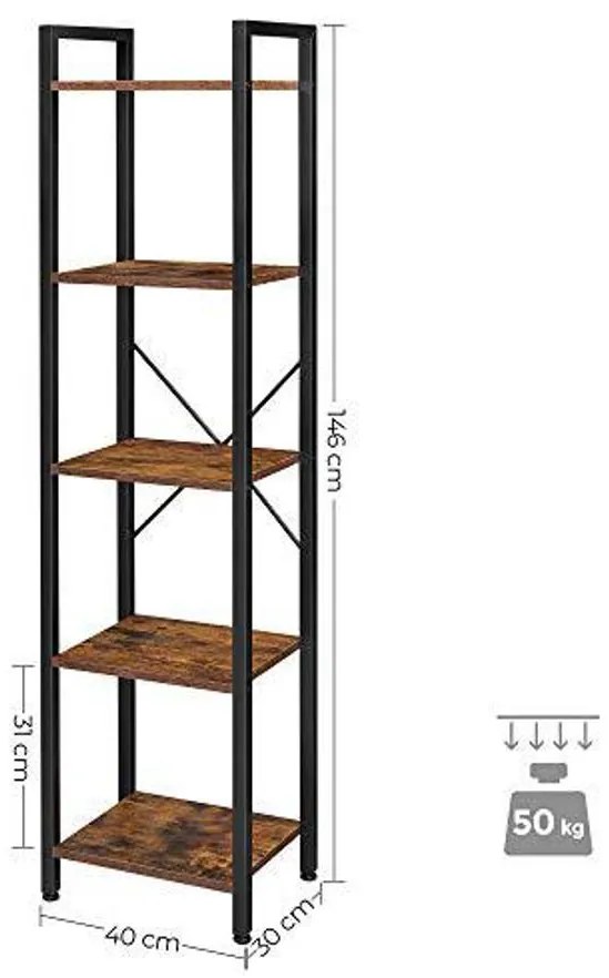 Könyvespolc, 5 szintes tároló állvány acél kerettel 40x30x146 cm, rusztikus barna és fekete