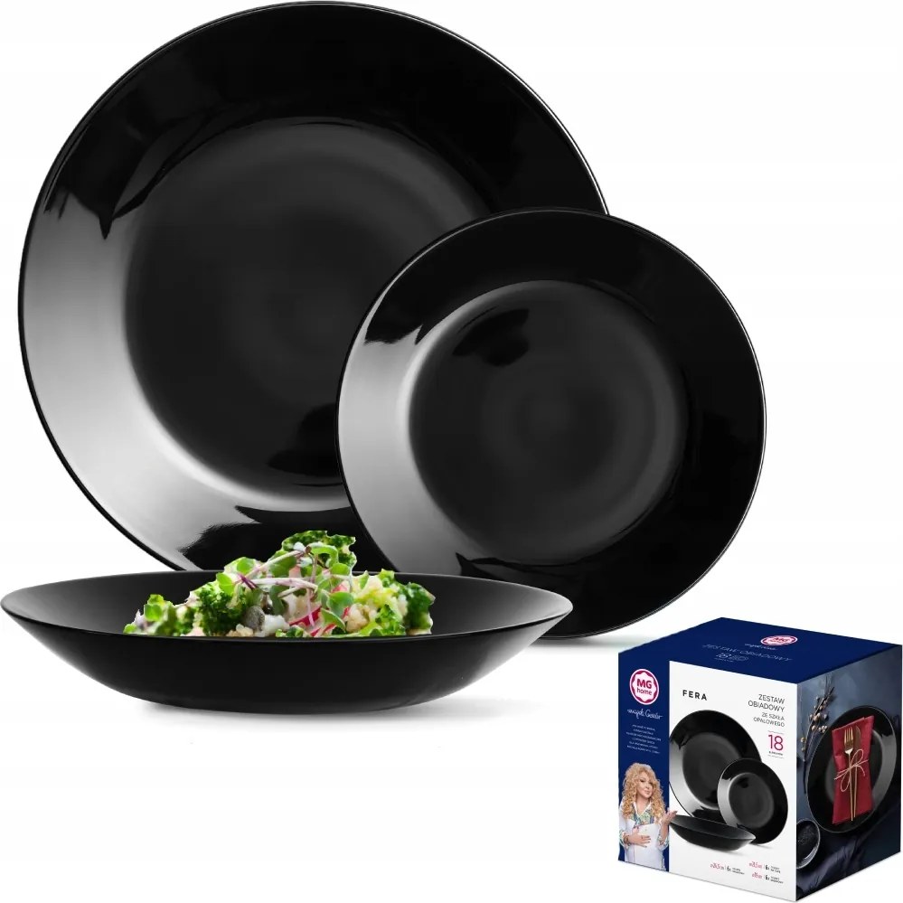 Tányér Szett 18 db-os 6 személyes Étkezőgarnitúra Fekete Tányérok Fera