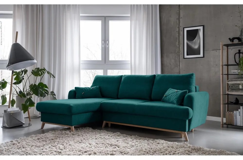 Türkiz kinyitható-tárolóhelyes sarokkanapé (bal oldali-heverő résszel) Scandic Lagom – Miuform