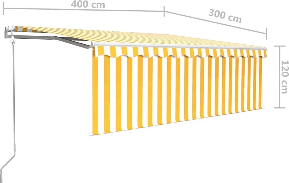 Sárga-fehér redőnyös, LED-es, szélérzékelős napellenző 4x3 m