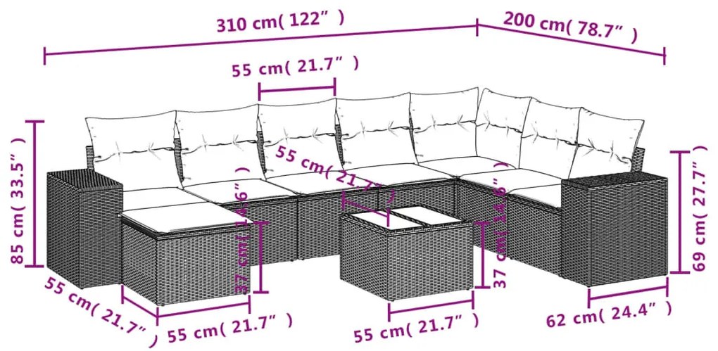 9 részes fekete polyrattan kerti ülőgarnitúra párnákkal