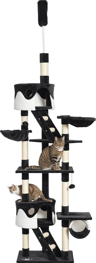 PawHut Mennyezeti Macska Kaparóoszlop Állítható Magassággal 240-260 cm, Többszintes Macska Kaparófa Menedékekkel, Függőágyakkal, Lépcsőkkel, Sziszál K
