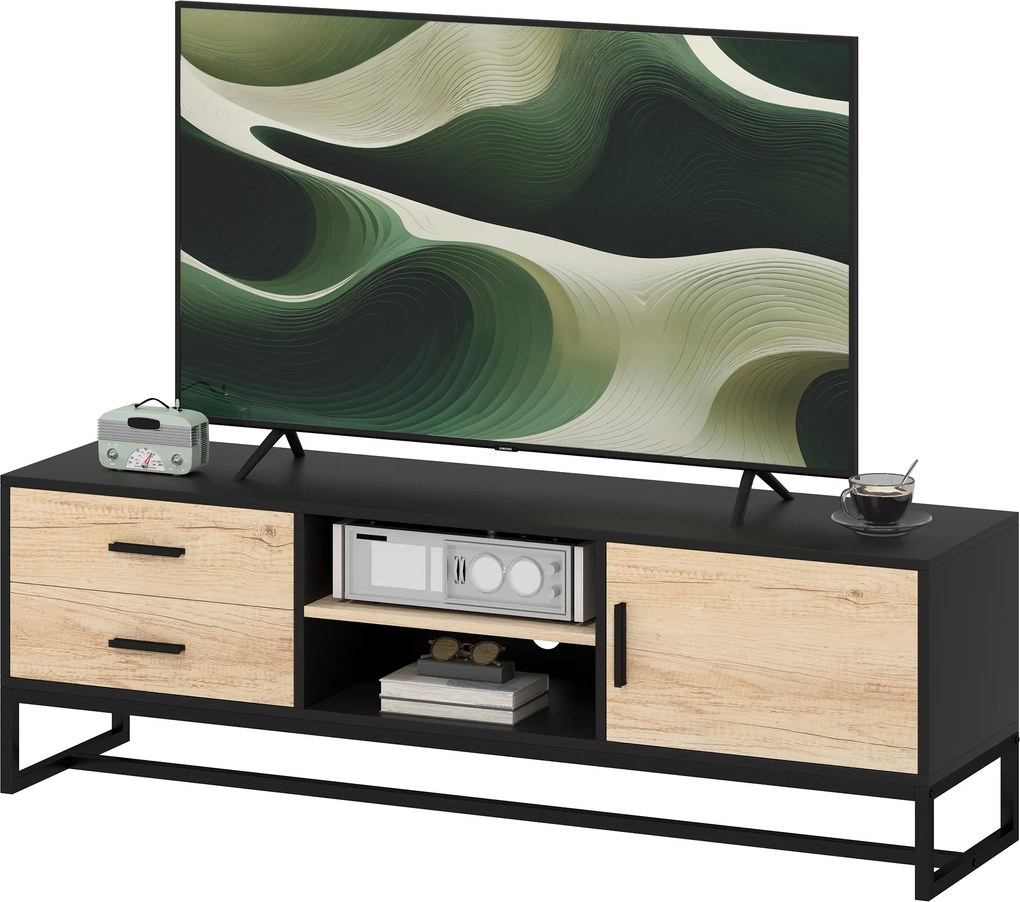 HOMCOM TV Szekrény, TV Állvány Cabinets, Fiókok, 2 Nyitott Rekesz, 140 cm Hosszú TV Állvány Kábeltartóval 60 Inch-ig a Nappalihoz Fekete 140x35x45cm |