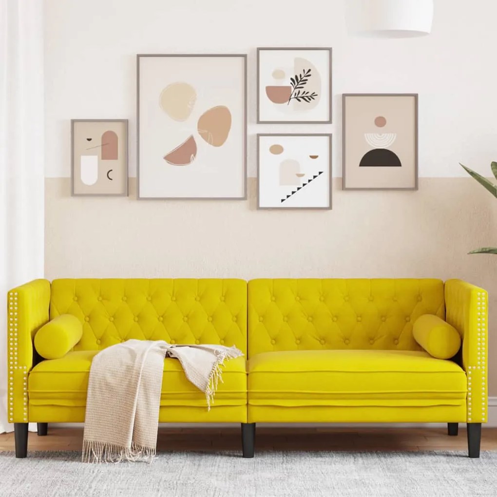 3 személyes sárga bársony Chesterfield kanapé hengerpárnákkal