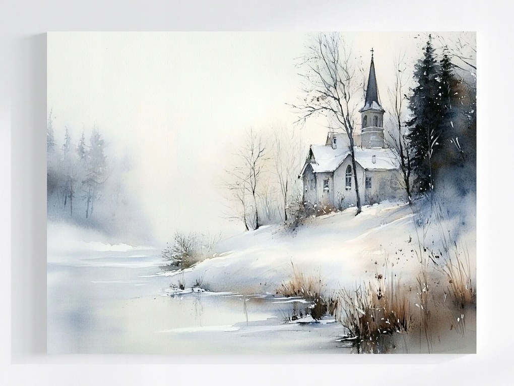 Vászonkép Canvas Tájkép Tél Hó Jég Fagy Folyó Templom 100x75