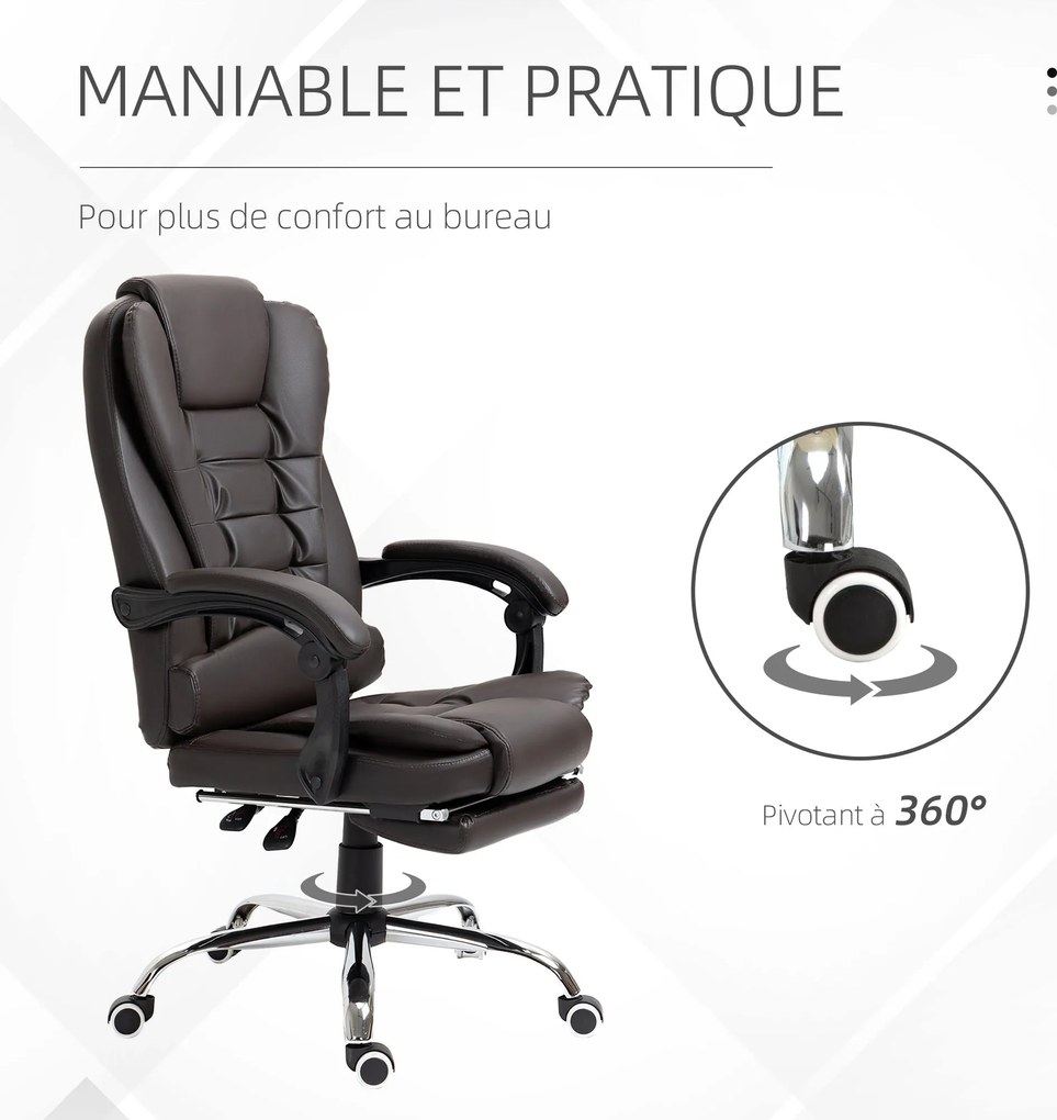 HOMCOM Magas Hátú Vezetői Irodai Szék PU Bőr Dönthető Otthoni Irodai Szék Lábpihentetővel Barna | Aosom