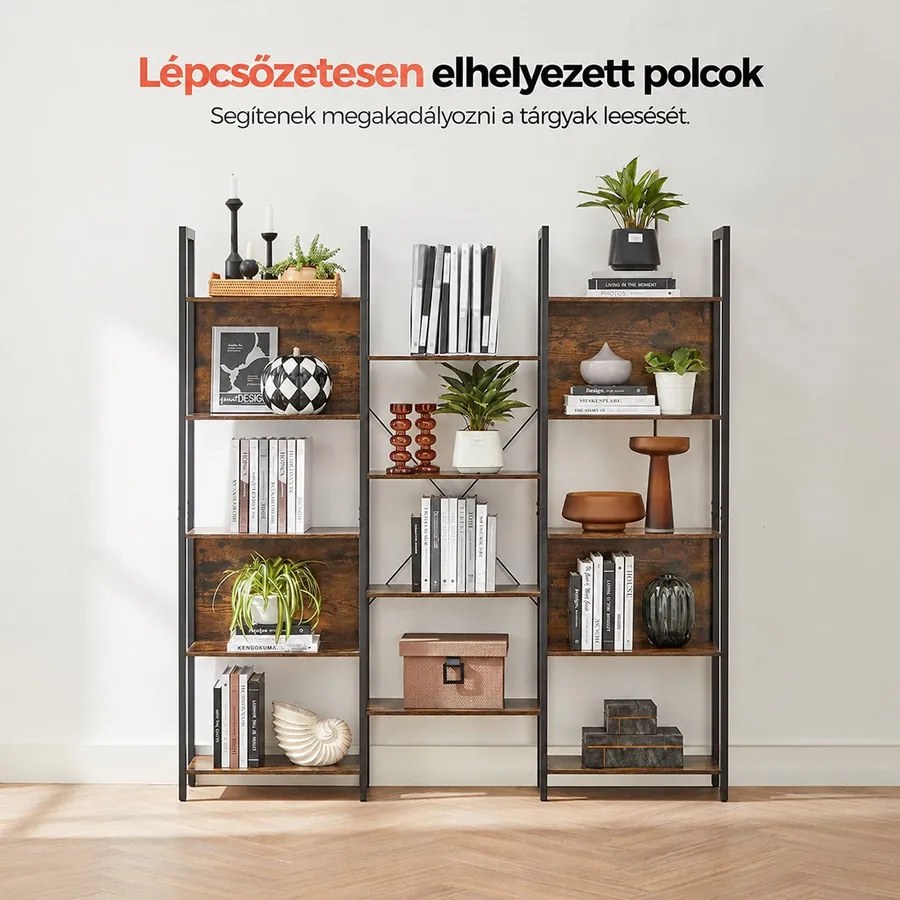 Könyvespolc 14 polccal, acélvázzal, 158 x 24 x 166 cm, rusztikus barna és fekete