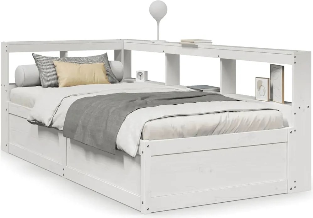vidaXL fehér tömör fenyőfa könyvespolcos ágy matrac nélkül 75 x 190 cm