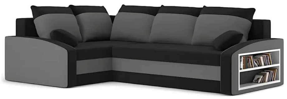 Grande sarokkanapé polcokkal , polc a jobb karfaban, baloldali, szövet anyag, hab töltet, fekete - szürke