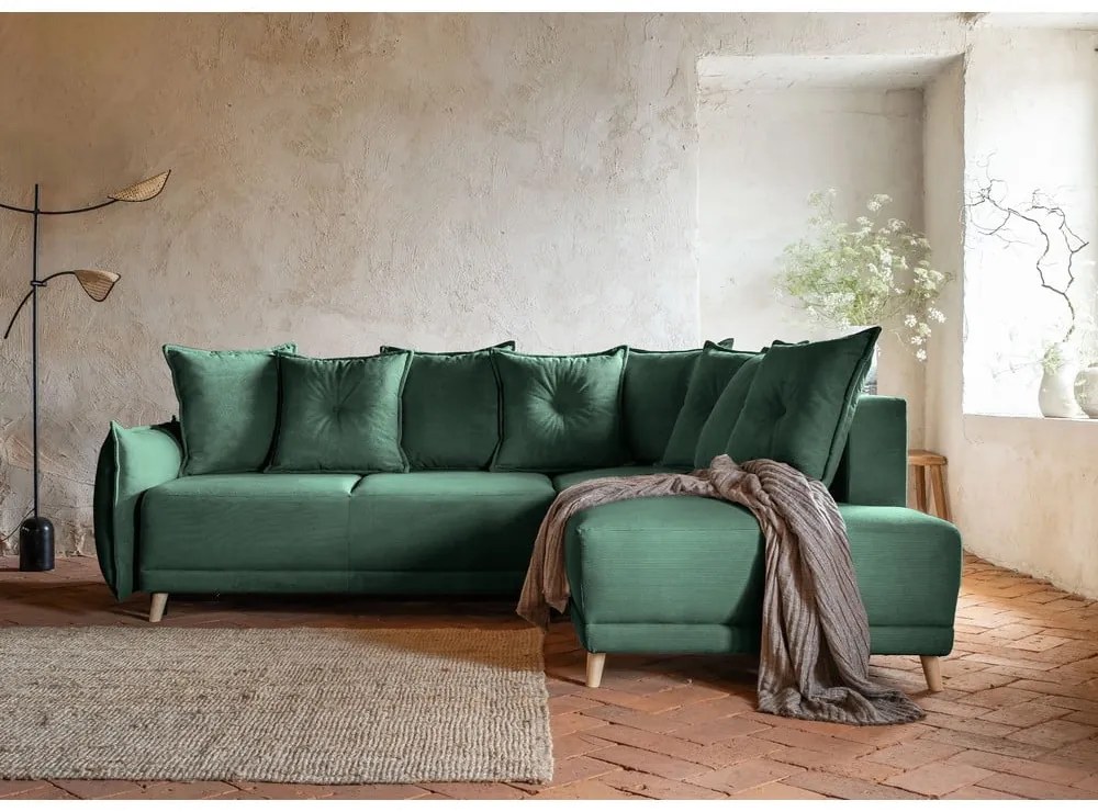 Zöld kordbársony kinyitható sarokkanapé (jobb oldali) Lazy Lukka – Miuform