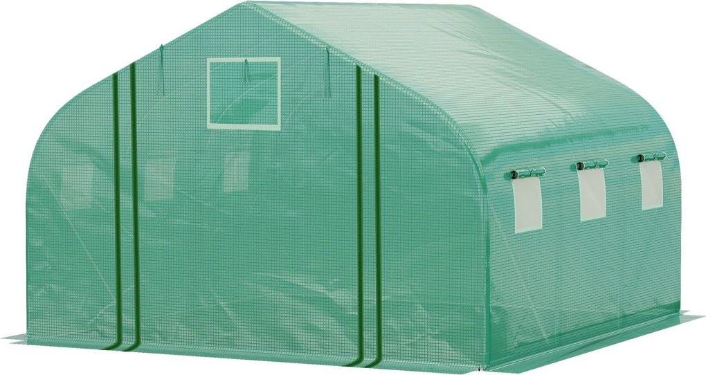 Outsunny Zöld Alagút Üvegház 3.5x3x2 m Kert Üvegház Ajtóval és 6 Feltekerhető Polietilén PE Ablakkal 140g/m² Horganyzott Fémnél a Növények és Virágok