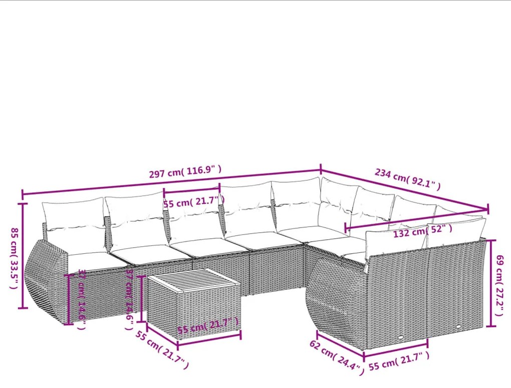 10 részes fekete polyrattan kerti ülőgarnitúra párnákkal