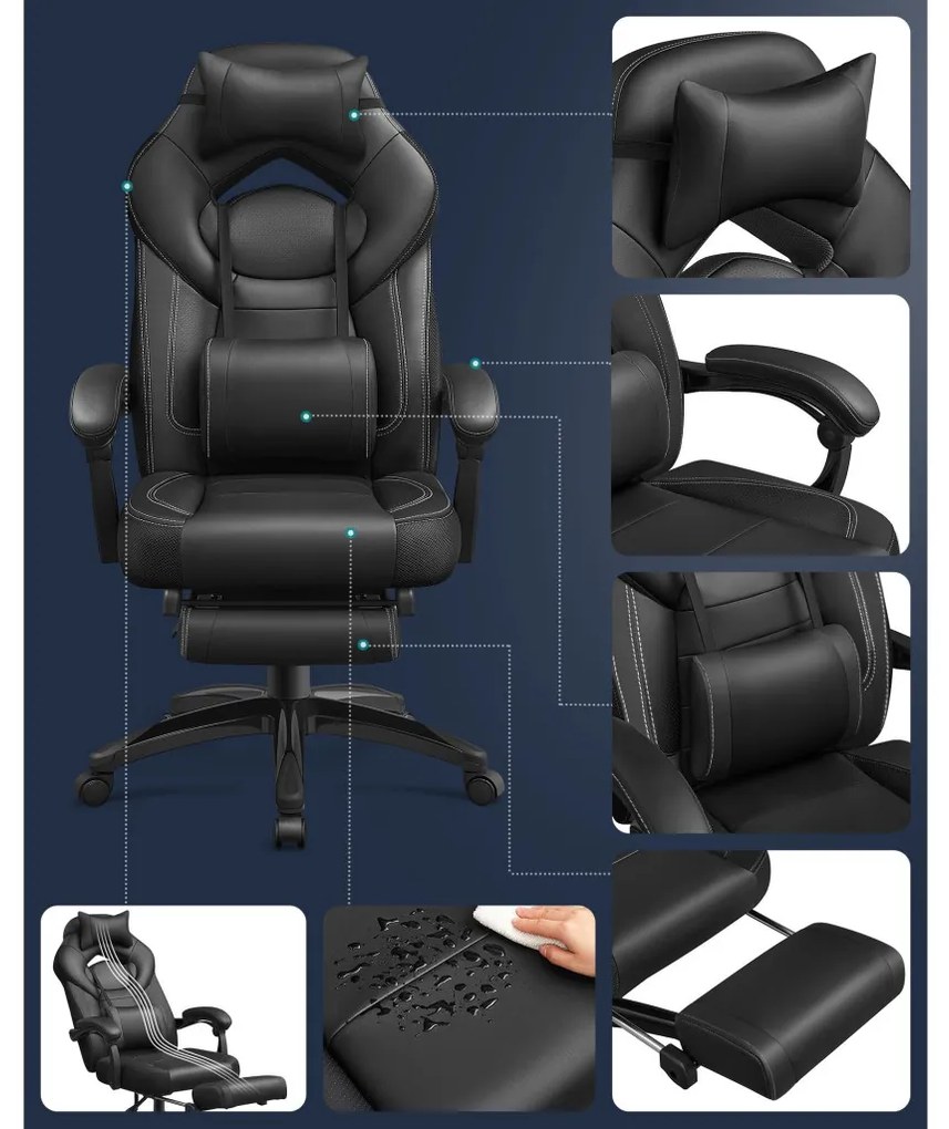 Irodai szék, gamer szék műbőr, ergonomikus kialakítás, fekete