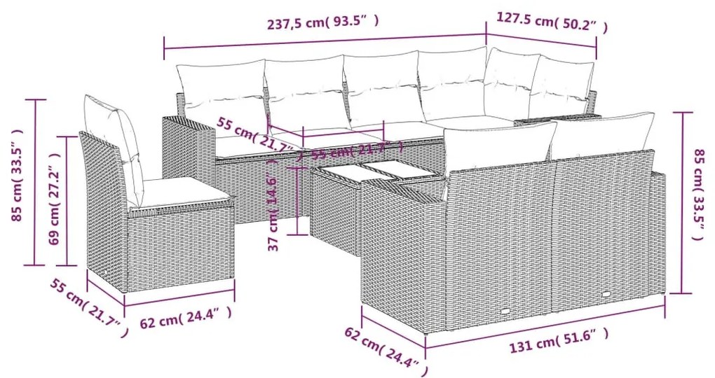 9 részes fekete polyrattan kerti ülőgarnitúra párnákkal