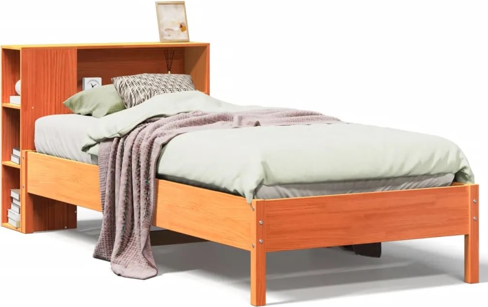 vidaXL barna tömör fenyőfa könyvespolcos ágy matrac nélkül 75 x 190 cm