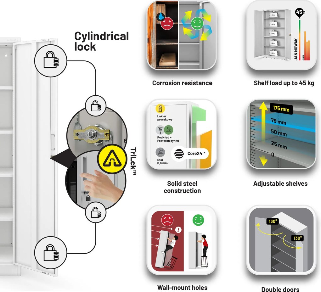 Fém öltözőszekrény JAN Compact 1750 x 800 x 400 mm, fehér