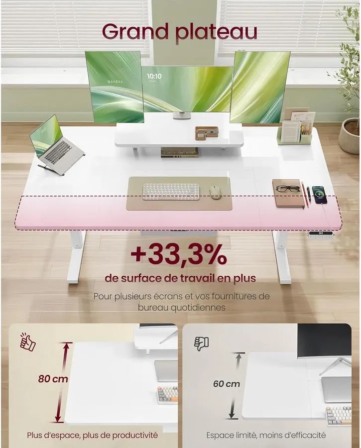 Magasságállítható íróasztal, 160 x 80 cm, fehér