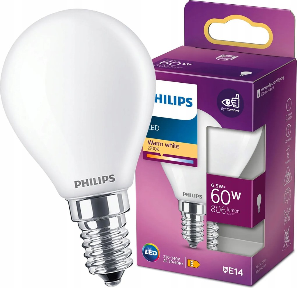 Led izzó Kis Golyó E14 6.5W 60W 806lm 2700K Meleg Filament Philips