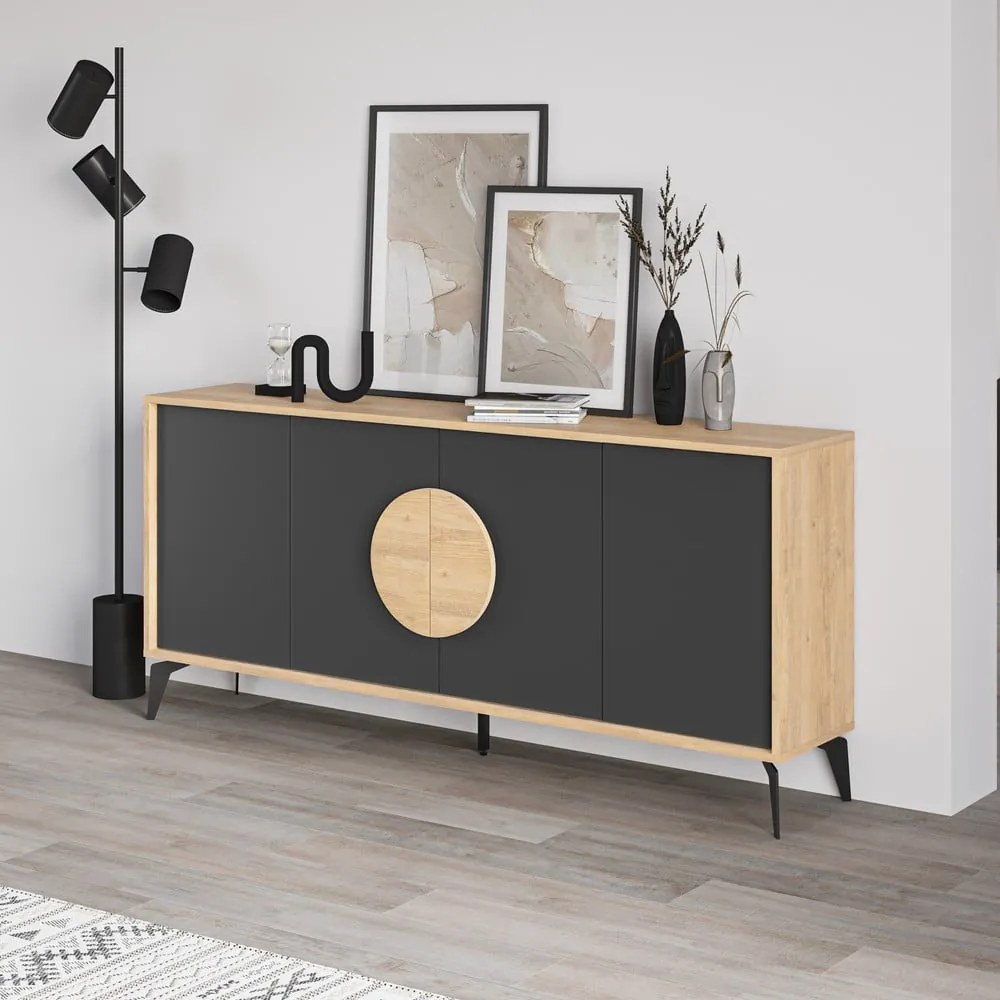 Fekete-natúr színű alacsony komód tölgyfa dekorral 180x82 cm Vae – Marckeric