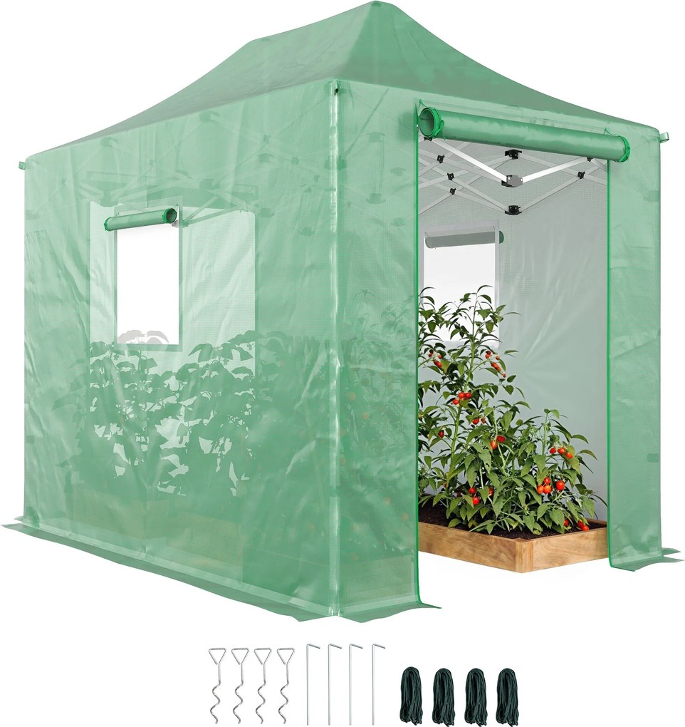Outsunny összehajtható pop-up üvegház, 295 × 200 × 270 cm (PE polytunnel), nyeregtető, felhúzható cipzáras ajtók és szúnyoghálós ablakok — zöld | Aoso