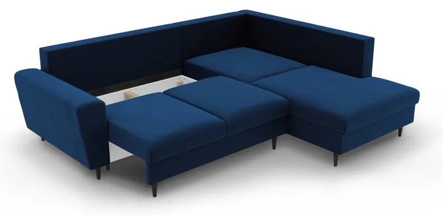 Kék bársony kinyitható tárolóhelyes sarokkanapé (jobb oldali-L alakú) Kyoto – Cosmopolitan Design