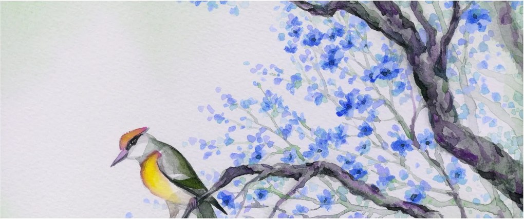 Kép - Madár egy fán kék virágokkal (120x50 cm)